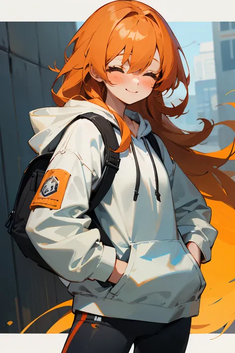 ((best quality)), ((masterpiece)), (detailed), perfect face, girl, orange hair, long hair, skinny figure, leggings, hoodie (light gray), hands in pocket, hair over eyes, blush face, smile, ribbon in hair, portrait, backpack over shoulders 