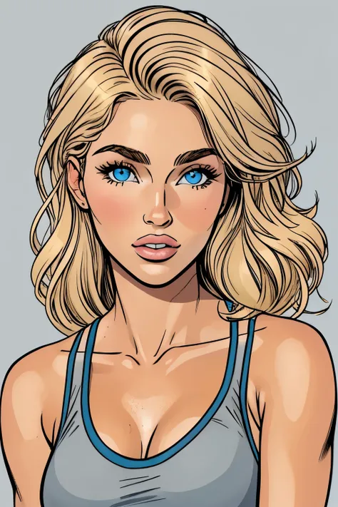 
Flat colors,close-up, portrait,  of a 25 year old surfer looking girl, tan skin, ([blue eyes]) Beach blonde salty hair, natural beaty, beautiful, casual, blue tank top, masterpiece, (([Simple grey background]))

