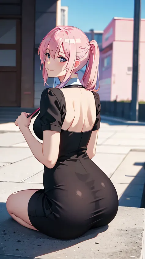 high res, ultrasharp, 8K, masterpiece, looking at viewer, photograph from behind, tight dress, thicc ass, wearing Yokata, pink hair, seductive smile, beautiful face, sitting, minimalist coloring