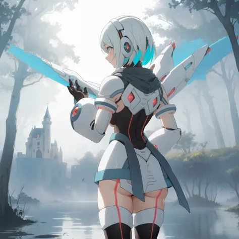 ico_megamanxdive, 1girl, blue eyes, solo, white hair, android, large breasts, black gloves, short hair, thighhighs, necktie, high quality, masterpiece, standing next to a swamp and castle surrounded by mist, outdoors, tree, solo, from behind, bird, facing ...