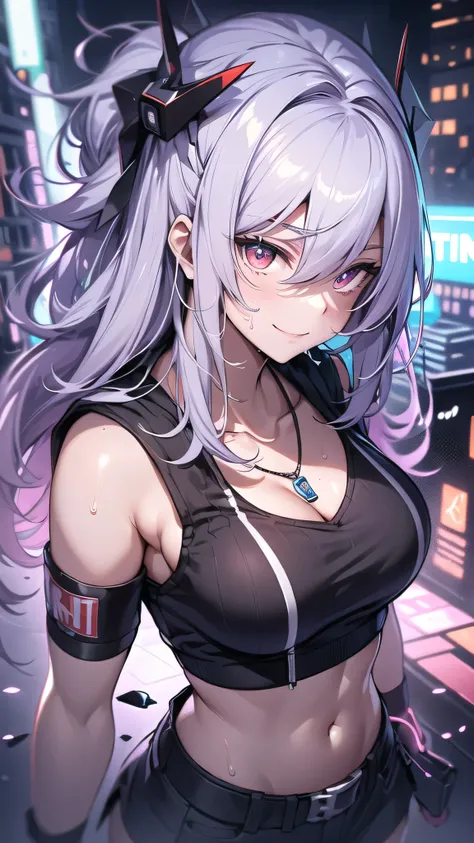 最high quality、Best image quality、masterpiece、girl((18-year-old、 By becoming、Best Bust、Medium Bust,Wide open breast tea、Red glowing eyes,Silver Hair、Disheveled Hair、Long Hair、thin,The highest valley、Open chest、Luminous Wristbands、smile、hair ornaments、lumino...