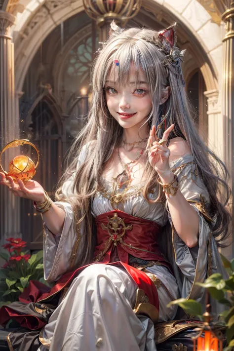 Tarot readingをする謎の女性,Tarot reading,Beautiful face, Straight hair, Shiny Hair,(((smile))),Medieval Mystery Costume,Mysterious fortune teller,The mysterious hermit,White magician,Magic Light,優しいsmile,Red eyes,Red glowing eyes,Magical Power,Take a card