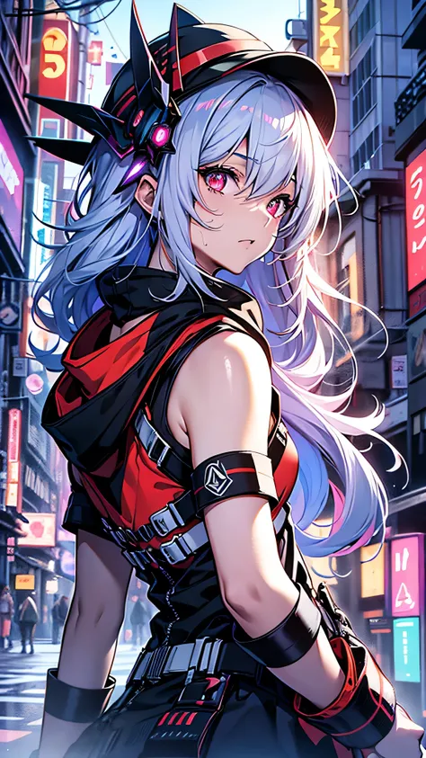 最high quality、Best image quality、masterpiece、girl((18-year-old、 By becoming、Best Bust、Medium Bust,Wide open breast tea、Red glowing eyes,Silver Hair、Disheveled Hair、Long Hair、thin,The highest valley、Open chest、Luminous Wristbands、hat、hair ornaments、luminous...