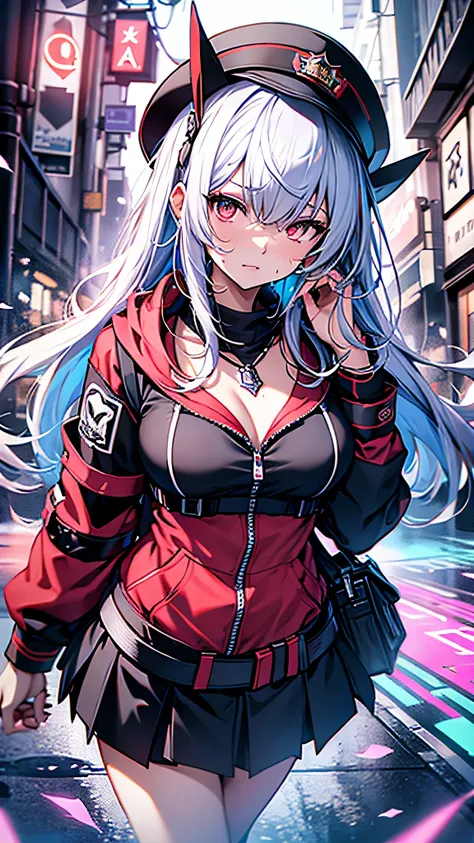 最high quality、Best image quality、masterpiece、girl((18-year-old、 By becoming、Best Bust、Medium Bust,Wide open breast tea、Red glowing eyes,Silver Hair、Disheveled Hair、Long Hair、thin,The highest valley、Open chest、Luminous Wristbands、hat、hair ornaments、luminous...