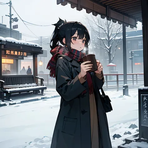 girl、Black Hair、ponytail、coat、Scarf、Hot drinks、winter、Station platform、waiting for someone