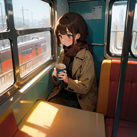 girl、Brown Hair、short hair、coat、Scarf、Hot drinks、winter、on the train、Take a seat、Looking out the window