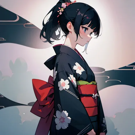 girl、Black Hair、ponytail、Flower pattern kimono