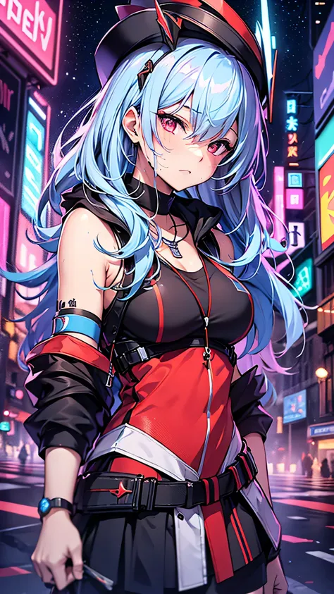 最high quality、Best image quality、masterpiece、girl((18-year-old、 By becoming、Best Bust、Medium Bust,Wide open breast tea、Red glowing eyes,Silver Hair、Disheveled Hair、Long Hair、thin,The highest valley、Open chest、Luminous Wristbands、hat、hair ornaments、luminous...