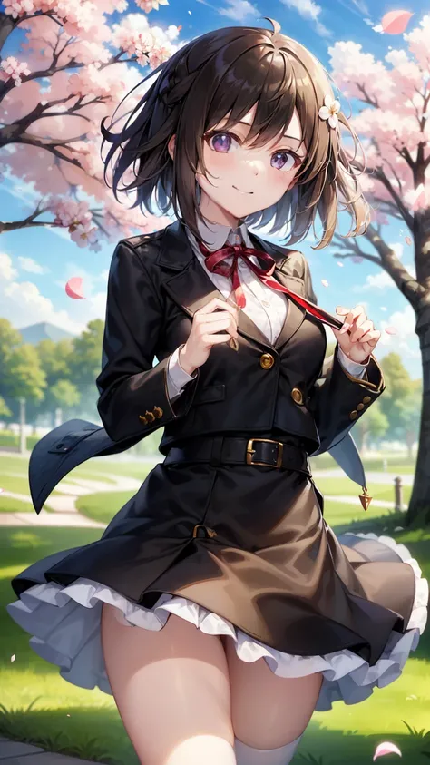 shinkai makoto, kimi no na wa., 1girl, bangs, blond hair, blush, purple eyes, shiny skin, red headband, red bow, red ribbon, collared shirt, white shirt, black blazer, white skirt, short hair, smile, cute, solo, happy, beautiful, looking at the viewer, lon...