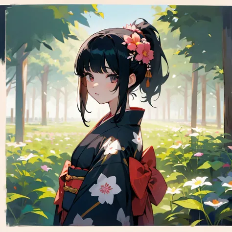 girl、Black Hair、ponytail、Flower pattern kimono、garden