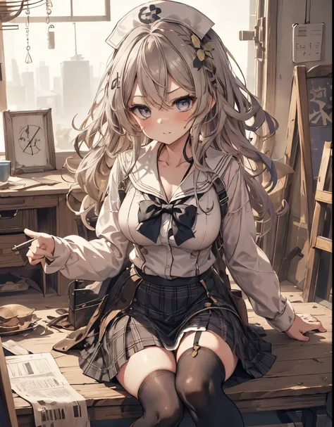 masterpiece, 1girl, sparrow, a silver haired girl, wearing a sailor clothes, curly long hair, messy hair, slim body, he close he...