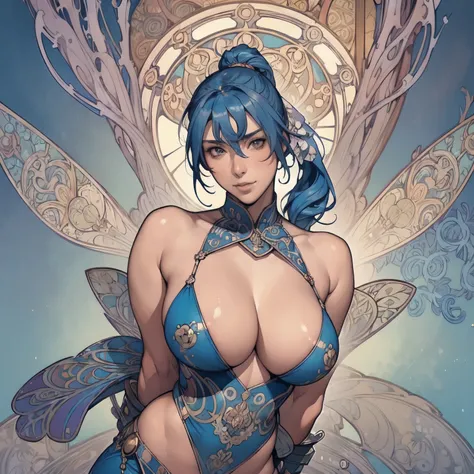 ((Detailed face)),((Muchas style)),(vulgar),(portrait),huge breasts, Raised ,sexual excitement, The look of ecstasy,having after sex,blue hair,side ponytail,(arms behind back:1.2),((addiction to sex))((light-armed warrior)),(high position:1.6)
