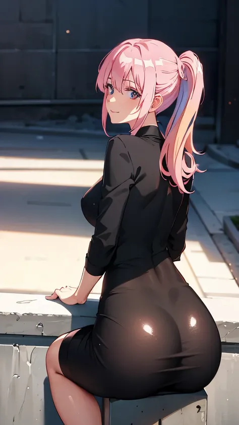 high res, ultrasharp, 8K, masterpiece, looking at viewer, photograph from behind, very tight wet dress, thicc ass, perfect anatomy, wearing Yokata, pink hair, seductive smile, beautiful face, sitting, minimalist coloring