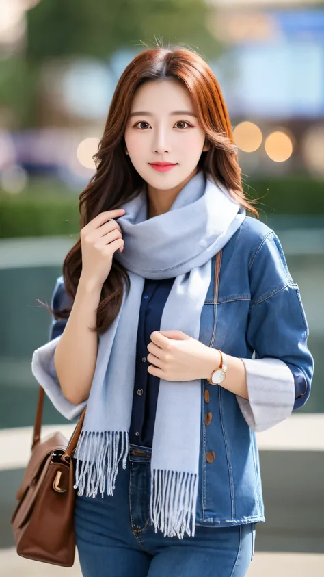 close-up of beautiful korean female, 34 inch breasts size, wearing rolled sleeves striped ong sleeve shirt,  jeans pants, with scarf, bokeh is background, UHD 