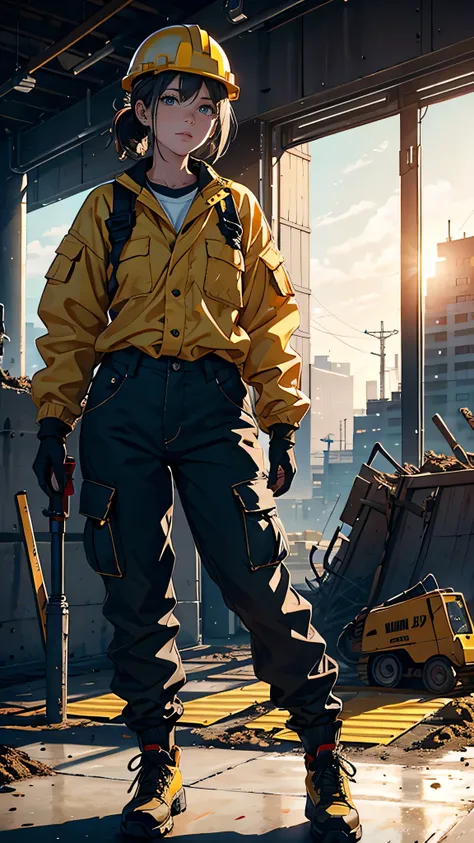 A girl in a construction site, wearing a long-sleeved shirt, cargo pants, a safety helmet, and holding a power tool in her hand.

(highres,4k,best quality:1.2),ultra-detailed,(realistic:1.37),heavy-duty construction site,professional,industrial lighting,vi...