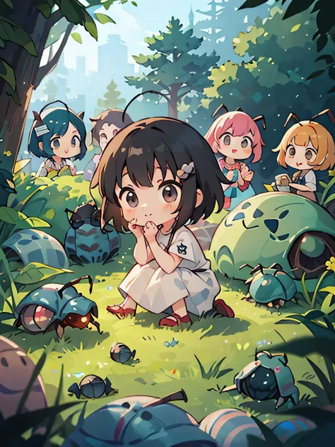 Makoto Shinkai Style, Kawaii Design, (((10 people)))、most beautiful girl ever、Chibi, Colorful bob hair、((Lots of friends))、(((Cute pillbug)))、