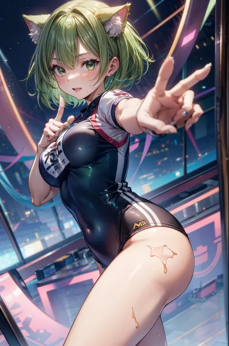 gym uniform, (buruma), break, short hair, ((green hair1.5)), (cat ears a green), bob cut, (((4 defined fingers))), (((1 defined thumb))), (looking at viewer), break, sexy, ((solo)), (1 cute girl), ((highest quality)), ((masterpiece)), (familiar),  skindent...