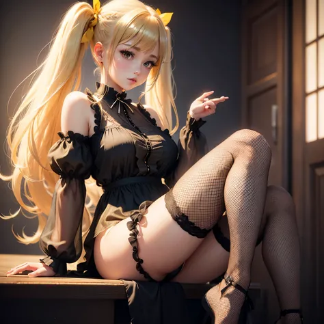 Blonde、Beautiful young woman、Twin tails、Yellow ribbon hair accessory、Realistic beautiful fingers、Black fishnet stockings、Light clothing in summer、Sheer clothing、Bold outfit、Attractive clothes