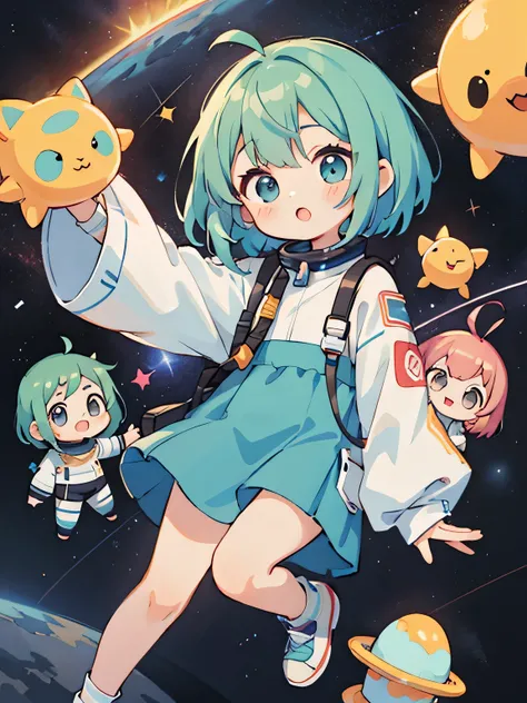 Fuuka color々Narrative Style, Kawaii Design, (((10 people)))、most beautiful girl ever、Chibi, Colorful bob hair、((Lots of friends))、Space Exploration