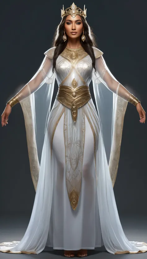 The front view of a goddess, transparent tunic, realistic, powerful and majestic