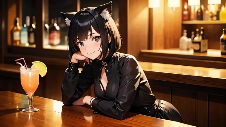 Beautiful girl with cat ears drinking a cocktail at a bar、dimly lit bar、smile、The hairstyle is a bob cut