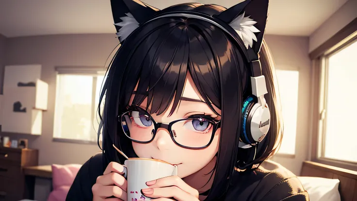 A beautiful girl wearing cat ear headphones drinking coffee in her room、Wearing glasses、The eyes and mouth are smiling、The room is dark、The hairstyle is a bob cut