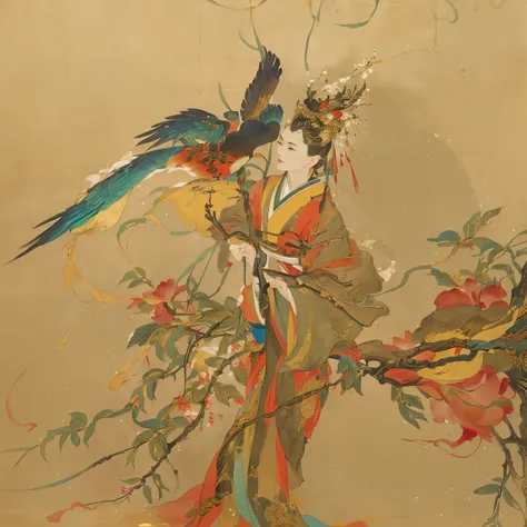 Painting of a bird sitting on a branch of a tree full of fruits, Inspired by Yukimura Ohara, Inspired by Ohara Ancient Village, Inspired by Melchior d&#39;Hondecoeter, fruit and feathers, By Wen Boren, Inspired by Gillis d&#39;Hondecoeter, Inspired by Gijs...