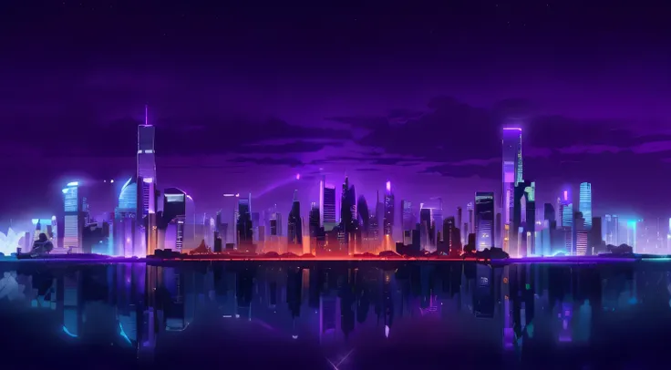 purple and black city skyline with skyscrapers and lights reflected in water, night time city background, night city background, night - time city background, neon cityscape background, night cityscape, futuristic city backgrond, background artwork, futuri...