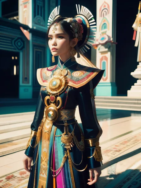 An Indonesian-styled futuristic suit worn by a girl depicting cultural fusion and modern fashion. The suit is adorned with intricate patterns and vibrant colors, showcasing the rich heritage of Indonesia. The girl stands confidently in a dynamic pose, with...