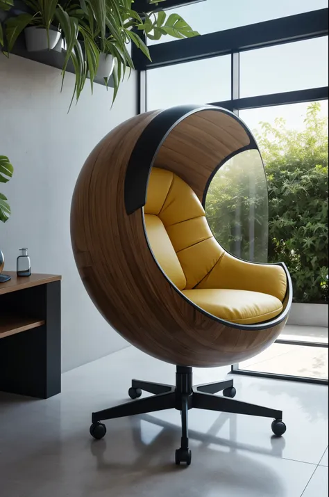 futuristic sci-fi pod chair, Flat Design, Product-View, editorial photography, transparent orb, product photography, natural lighting, plants, natural daytime lighting, zbrush, 8k, natural wooden environment