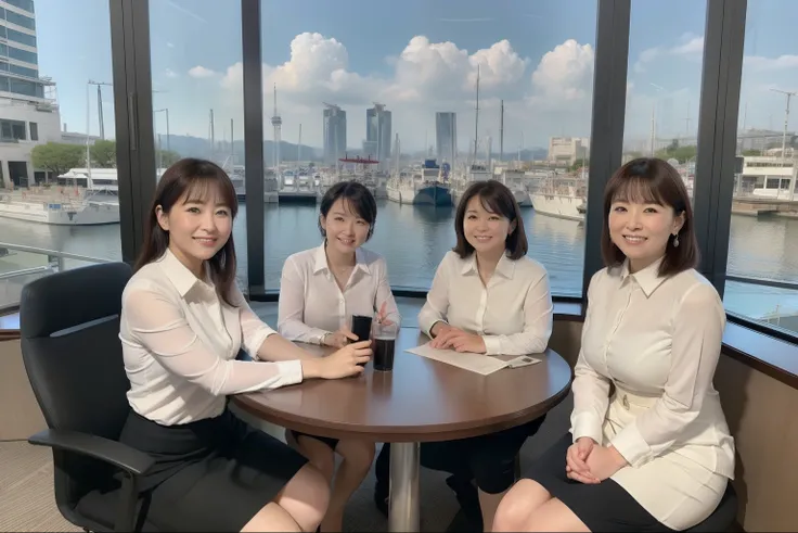 ((highest quality, 8k, Representative works in detail, Ultra-high resolution)), (Group photo of women), (Looking at the audience), (Mid Shot:), Five attractive businesswomen、Women only 5 people, A little chubby:0.25, White collared shirt, Grey Skirt, (Sitt...