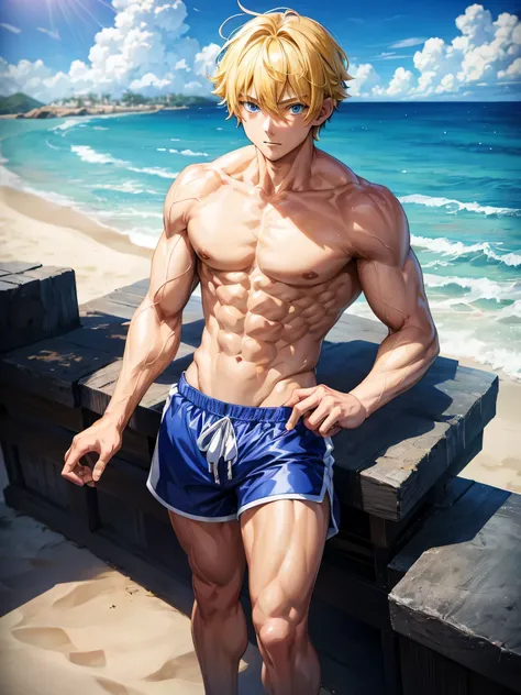 Anime guy about 15, shirtless, with blue eyes and yellow hair, muscular, 6 pack abs, with white shorts, on the beach  