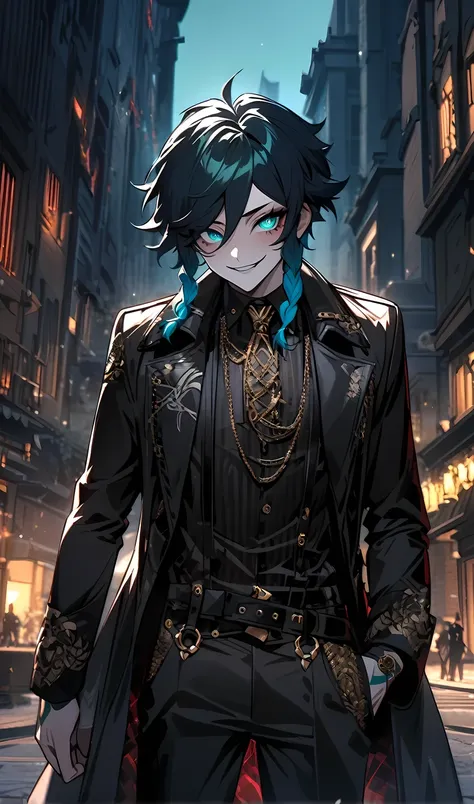 Venti from genshin impact, solo,1 man,tattoo, mafia boss, (wear mafia clothes:1.5), evil aura,evil smile, villain,night city, ultra-detailed,beautiful detailed eyes,extremely detailed eyes and face,