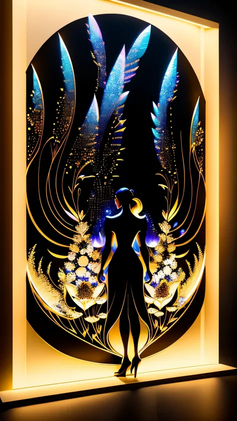 unique work of art, best quality, super fine, 16k, incredibly absurdres, extremely detailed, delicate, flashy and dynamic depiction, moment of emergence, crouching back of a beautiful woman in jet black, dazzling flash of iridescent light shining through a...