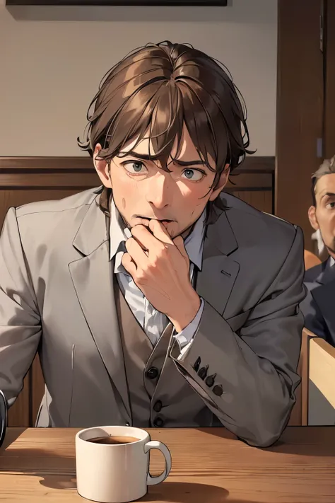 ((best quality)), ((masterpiece)), (detailed), ((perfect face)), (((40yo man in grey suit sitting at wood table))), (((brown hair))), (((mug))), (((shocked expression)))), (((mouth open))), (((scared))), (((dining room)))