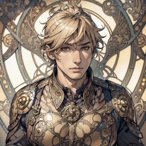 ((detailed face)),((mucha's style)),(portrait),((muscular male)),blond hair,short hair,wearing steampunk armour(medieval  male s...