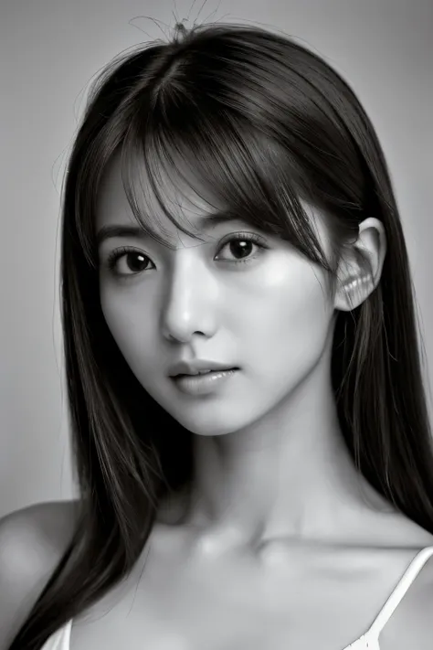 masterpiece, highest quality, Photoreal, Super detailed, High resolution, 8K wallpaper, ((monochrome photography)), 1 girl, Skinny Japanese woman, (((facing the front))), ((Only the lips are in red)), (monochrome photography), brown hair, detailed clavicle...