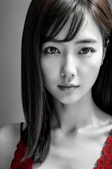 masterpiece, highest quality, Photoreal, Super detailed, High resolution, 8K wallpaper, ((monochrome photography)), 1 girl, Skinny Japanese woman, (((facing the front))), ((Only the lips are in red)), (monochrome photography), brown hair, detailed clavicle...