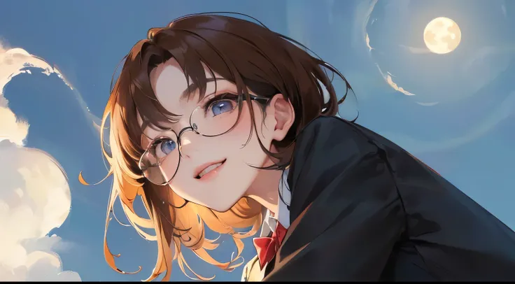 (((1 personの少女)))、((1 person)),Masterpiece,best quality, ((Smile))), ,(((Night background with a moon in the distance)))、,((Shirt and suit jacket))、(Glasses)),、determined expression, Upper body diagram、 (Highest Resolution、Clear_image)、Best Quality、Light a...