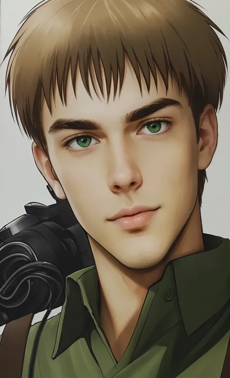 young white boy with light brown hair, thick eyebrows, wearing a green shirt