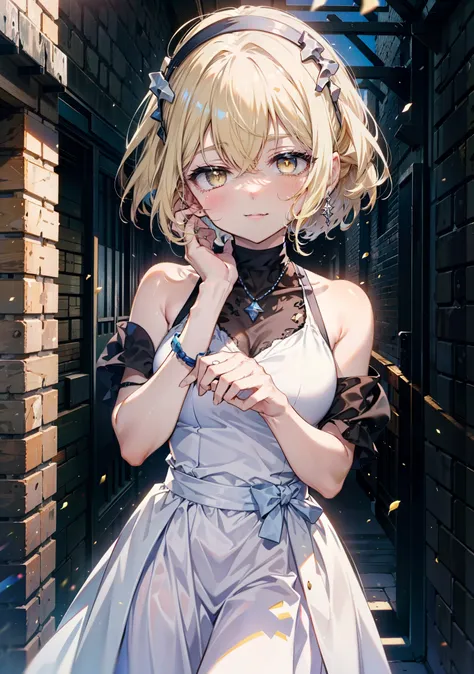 アイスWallenstein, Wallenstein, blonde, Hair between the eyes, hair band, Long Hair, (Yellow Eyes:1.5),happy smile, smile, Close your mouth,smile,blush,White sleeveless dress,Bare arms,Bare neck,Heart Pendant,Long skirt,Cute Sandals,Clear skies,歩いてるbreak look...