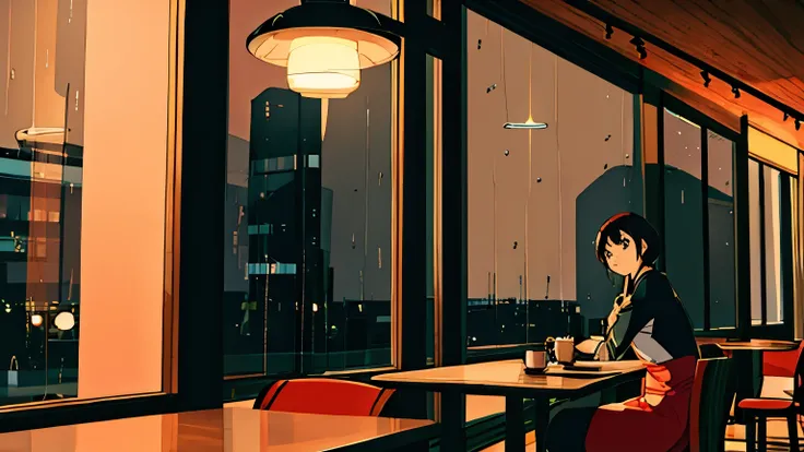 An office lady drinking coffee at a cafe on a rainy day　Warm lighting　Japanese anime style