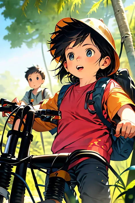 3.1boy 1girl backpack bag bicycle jungle moss motor_vehicle riding rating:safe