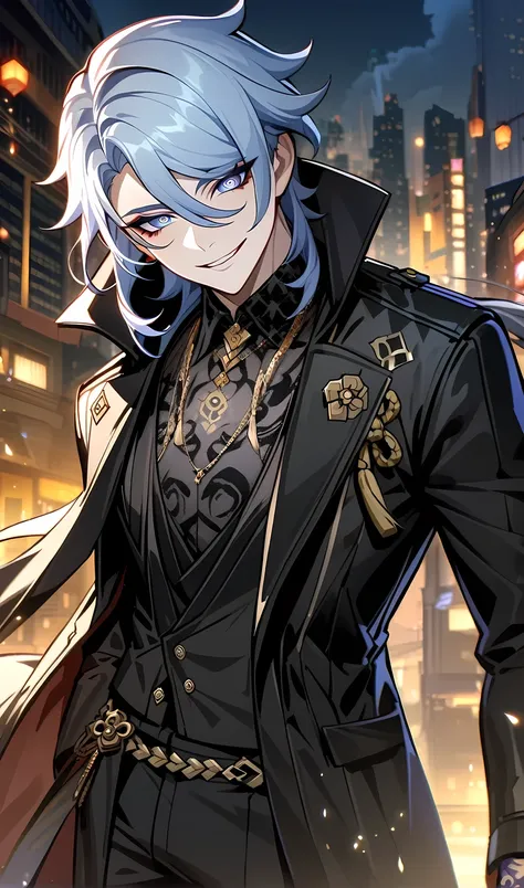 Kamisato Ayato from genshin impact, solo,1 man,tattoo, mafia boss, (wear mafia clothes:1.5),evil smile,  evil aura, villain,night city, ultra-detailed,beautiful detailed eyes,extremely detailed eyes and face,