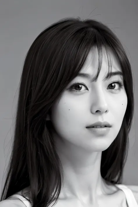 masterpiece, highest quality, Photoreal, Super detailed, High resolution, 8K wallpaper, ((monochrome photography)), 1 girl, Skinny Japanese woman, (((facing the front))), ((Only the lips are in red)), (monochrome photography), brown hair, detailed clavicle...
