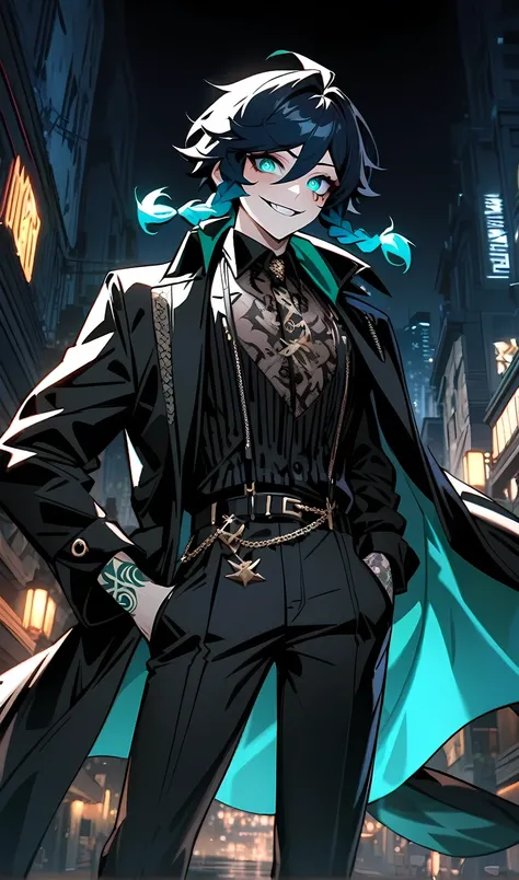 Venti from genshin impact, solo,1 man,tattoo, mafia boss, (wear mafia clothes:1.5), evil aura,evil smile, villain,night city, ultra-detailed,beautiful detailed eyes,extremely detailed eyes and face,