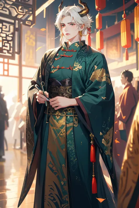 A handsome girl with short white hair, golden eyes, wearing a green Chinese dress, he has dragon horns.,toji fushiguro,green Chinese dress, muscular,Tall