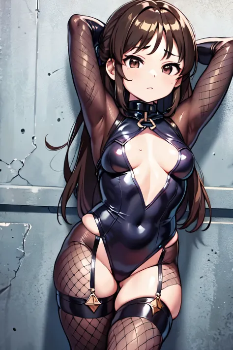 Primary school students、child、Long Hair、Small breasts、Small breasts、child体型、Nipples、Angry、Glare、Raising eyebrows、Sweat on the cheeks facing forward、((spy、Bodysuits、Fishnet tights))、Laboratory、(((Restraining the body with chains、Place your arms behind your ...