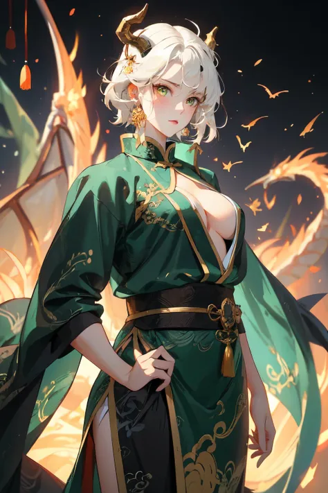 A  girl with short white hair, golden eyes, wearing a green Chinese dress, he has dragon horns.,toji fushiguro,green Chinese dress, muscular,Tall, super very big bosom 