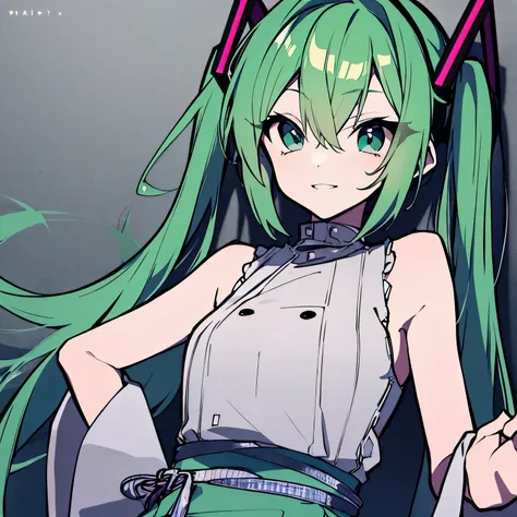 hatsune miku、twin tails、smile、masterpiece、highest quality、perfect face、light background